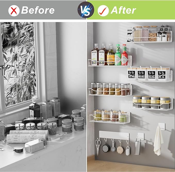 Magnetic Spice Rack for Refrigerator, 9 Pack Magnetic Fridge Shelves W/Adjustable Paper Towel Holder, Hook Rack, Moveable Spice Organizer Shelf for Kitchen Organization and Storage (White)