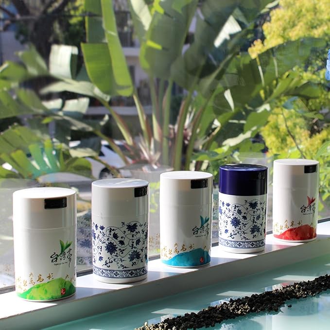 Teavac 6-Ounce Vacuum Sealed Tea Storage Container, Blue Cap and White Body/Floral Design