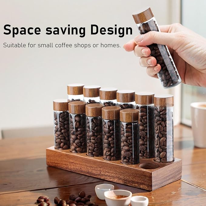 Coffee Bean Storage Tubes Single Dose, 6PCS or 12PCS Coffee Bean Cellar, Dosing Glass Vials with Lids, Wooden Display Stand and Funnel, Airtight Sealed Glass Canister Jars Tubes