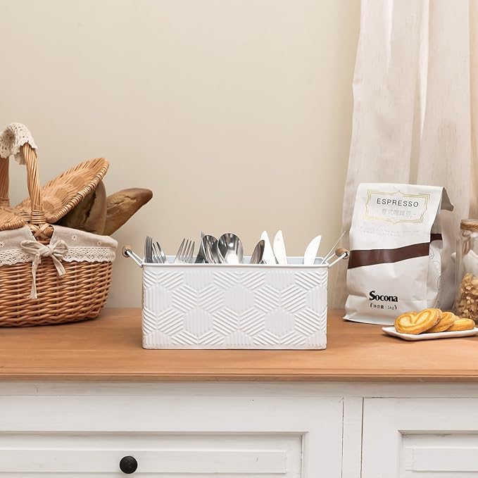 NIKKY HOME Farmhouse White Silverware Organizer with 3 Compartments Cutlery Caddy Kitchen Countertop Flatware Holder for Utensil, Spoons, Knives, Forks, Hexagon Stripe Embossed Pattern