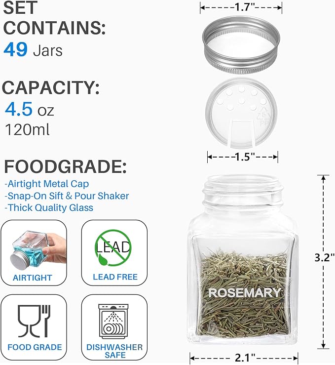MIUKAA 49-Pack Cube Glass Spice Jars with 372 Labels, 49 Shakers, Lids, 4.5 oz Empty Square Spice Bottle, Reusable Clear Kitchen Spice Storage Containers