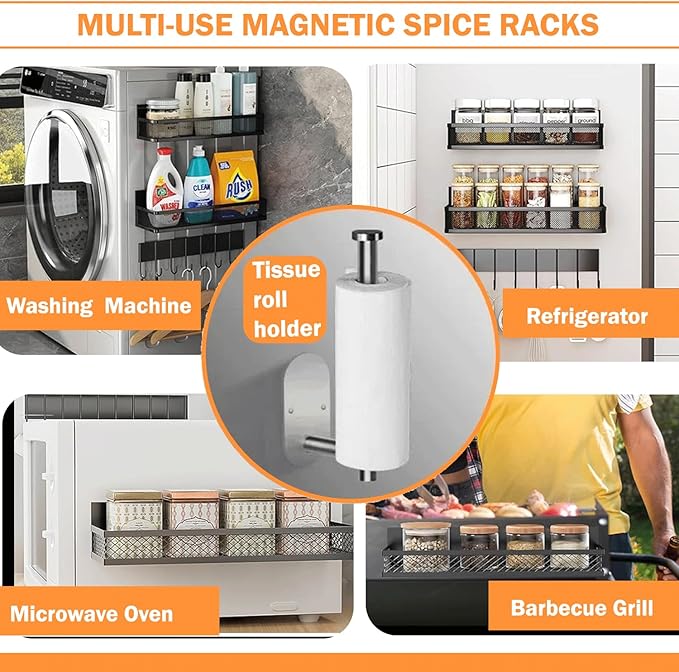 Magnetic Spice Rack for Refrigerator Organizers, 3 Tier Magnetic Shelf with Towel Rack, Square Storage Basket & Two Sticky Hooks, Kitchen Organizers