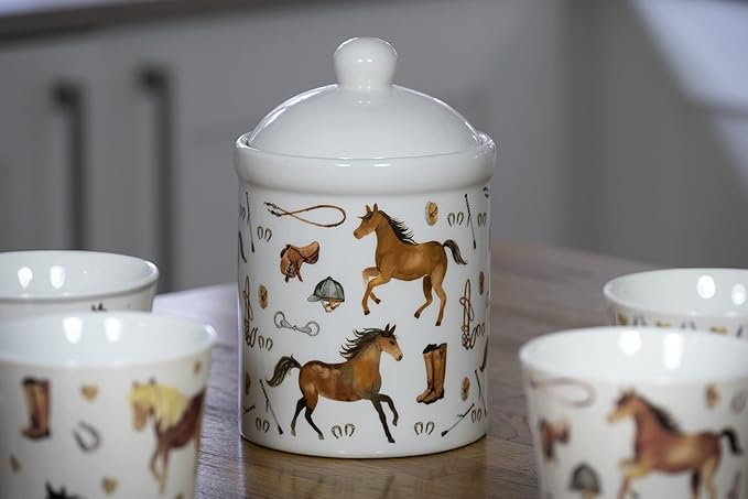 SPOTTED DOG GIFT COMPANY Ceramic Food Storage Jar with Lid, Decorative Kitchen Canister for Coffee Tea Sugar, Novelty Treat Container, Equestrian Themed Gifts for Pony Horse Lovers 30oz