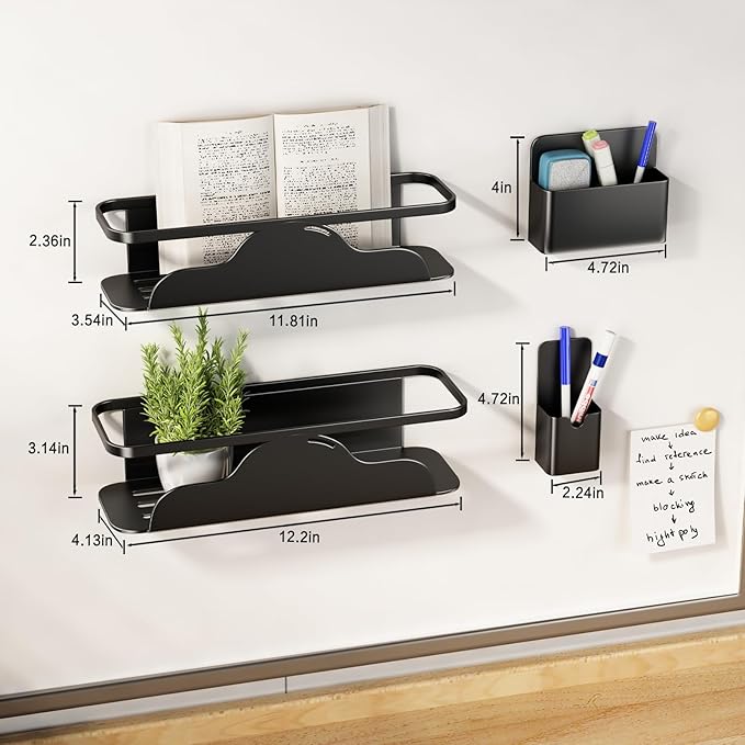 VOLPONE 4 Pack Magnetic Spice Rack for Refrigerator Metal Magnetic Shelf for Fridge and Magnetic Pen Holder Heavy Duty Fridge Magnet Organizer Black