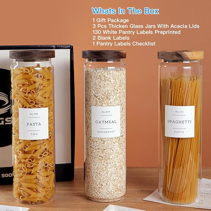 3 Set Glass Pantry Storage Jars with Acacia Airtight Lid - 50oz Thicken Glass Kitchen Canisters with 132 Pantry Labels - Tall Glass Food Storage Containers with Wood Lid for Pasta,Spaghetti,Cereal