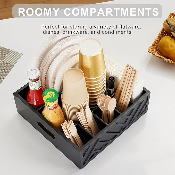 Paper Plate Dispenser-Wood Utensil Holder for Party-Paper Plate Organizer for Countertop-Wood Silverware Caddy with 7 Compartments,Spoonpicnic Caddy for Plates and Utensils-Black…