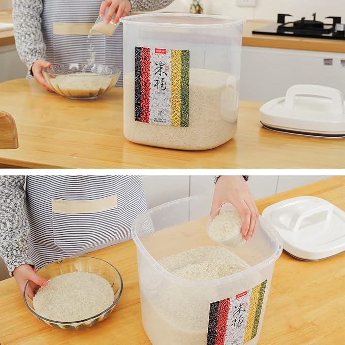 Rice Container 25 lbs,10.5 Qt/10 L/25 lbs Rice Dispenser Food Storage Bin with Measuring Cup & Brush Food Cereal Container Bins Household for Kitchen Pantry Organization(LG-10KG)