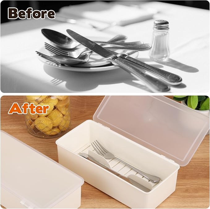 Rainmae 3Pcs Flatware Tray with Lid and Drainer, Large Plastic Silverware Utensil Kitchen Drawer Organizer Clear Cutlery Storage Container with Cover Dinnerware Spoon Knife Holder for Home and Travel