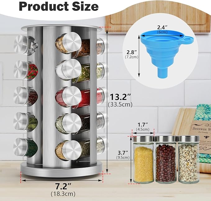 Rotating Spice Rack Organizer, Spice Tower for Countertop, Revolving Spice Rack Set for Cabinet, Silver Steel Kitchen Seasoning Organizer with 20 Jars and Funnel