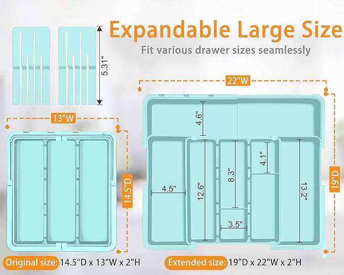 Utensil Drawer Organizer for Kitchen, Expandable Silverware Organizer Cooking Utensils Tray, Large Cutlery and Flatware Holder, Kitchen Tools & Gadgets Storage (Turquoise)