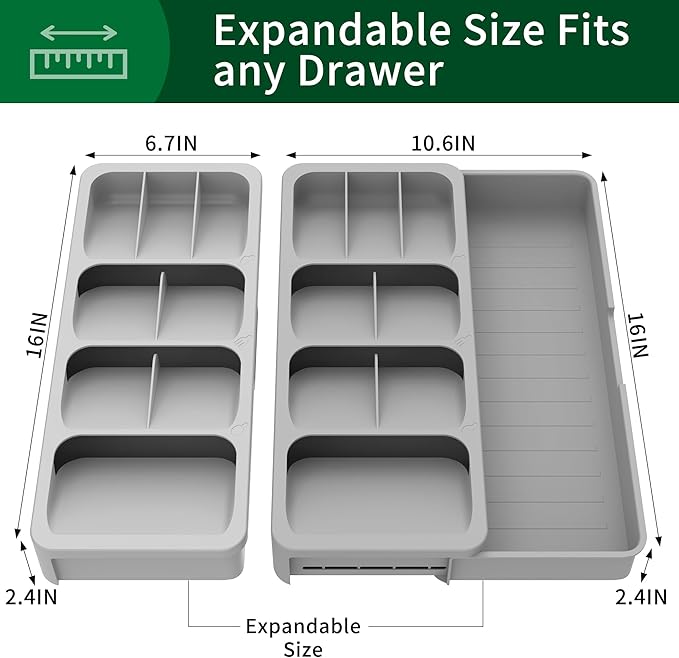 Kitchen Utensil Drawer Organizer, Expandable Silverware Organizer, BPA Free Small Cutlery Holder, Grey