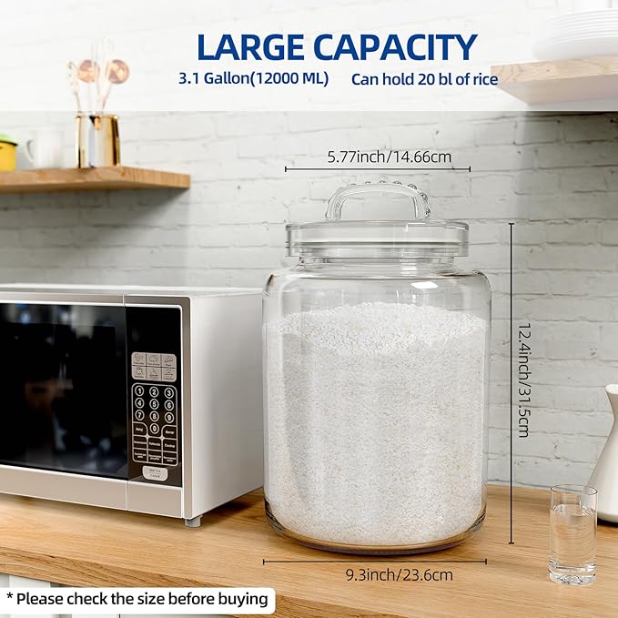 3 Gallon Glass Jar with Lid, Wide Mouth Large Glass Canister with lid, Super Large Cookie Jar for Food Storage, Sugar, Flour, Cookies,Dog Treats