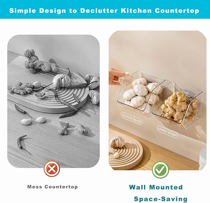 3-Pack Small Clear Storage Baskets, Adhesive Spice Rack Wall Mount for Countertop/Cabinet/Bathroom, Plastic Storage Bins Kitchen Wall Organizer and Storage Shelves, Spice Organizer