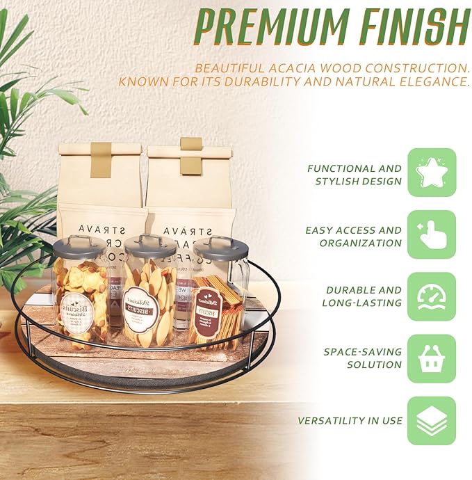 12 Inch Turntable Wooden Lazy Susan, Non-Skid Brown White Wooden Board Turntable Organizers for Cabinet, Pantry, Kitchen, Perfect Spice Rack Solution