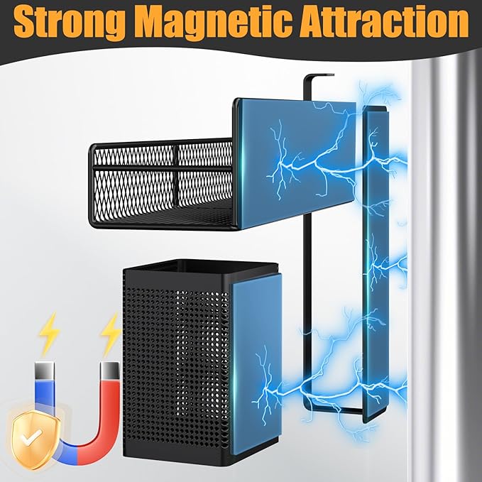 Magnetic Spice Rack for Refrigerator, 6 Pack 100% Metal Strong Magnet Shelf Black, Space Saving Spice Organizer, Home Kitchen Laundry Room Storage Organization W/ Paper Towel Holder, Utensils Racks