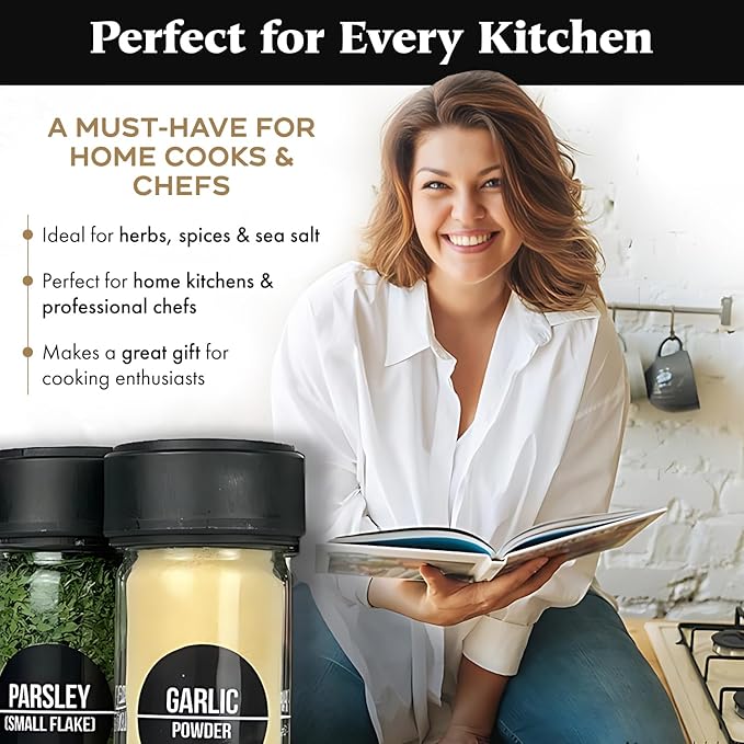 Glass Spice Jars & Measuring Caps Set - Twist Cap Measures 1/4 Tsp Container Keeps Spices Fresh & Organized - 4oz Spice Jars with Lids Includes Labels & Funnel -12 Pack