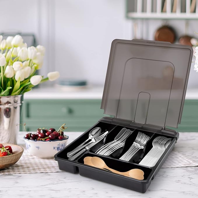 Silverware Organizer with Lid for Drawer, Plastic Utensil Holder for Countertop, Flatware Organizer Cutlery Tray with Cover 5 Compartments (Black)