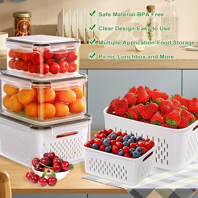 5 Pcs Fruit Storage Containers for Fridge, Airtight Fridge Organizer Bins with Vent Handle Lids, Keep Food Fresh Longer, Dishwasher Safe (Large, 4150ml)