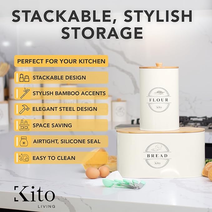 Canisters Sets for Kitchen Counter Storage and Organization with Wooden Bamboo Lids, Food Pantry Containers, Stackable Steel Storage Bins, Airtight Bread and Flour Containers - Cream