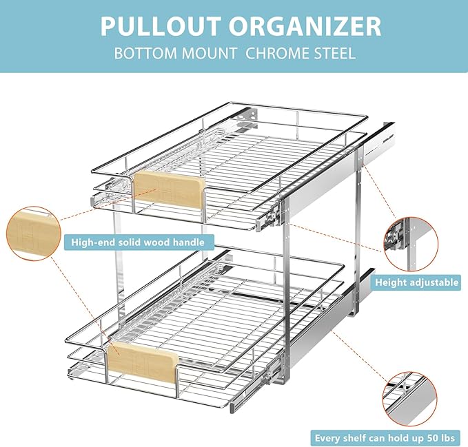 LOVMOR 2 Tier Pull Out Cabinet Organizer 7½" W x 21½" D, Slide Out Drawers with Wooden Handle, Sliding Shelves Organization and Storage for Kitchen, Pantry