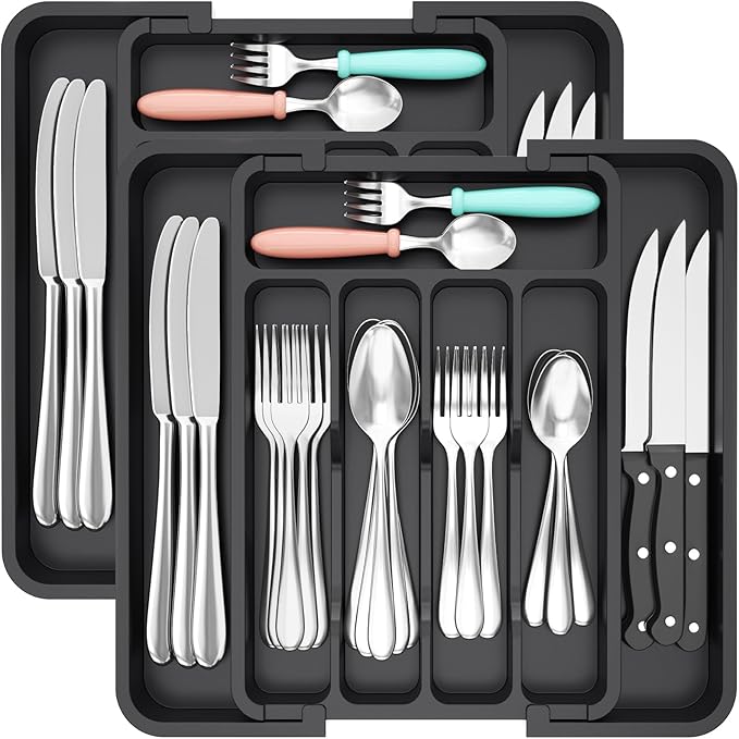 Lifewit Silverware Drawer Organizer, Expandable BPA Free Utensil Tray for Kitchen, Adjustable Flatware and Cutlery Holder for Spoons Forks Knives, Plastic Kitchen Organizers and Storage, Black