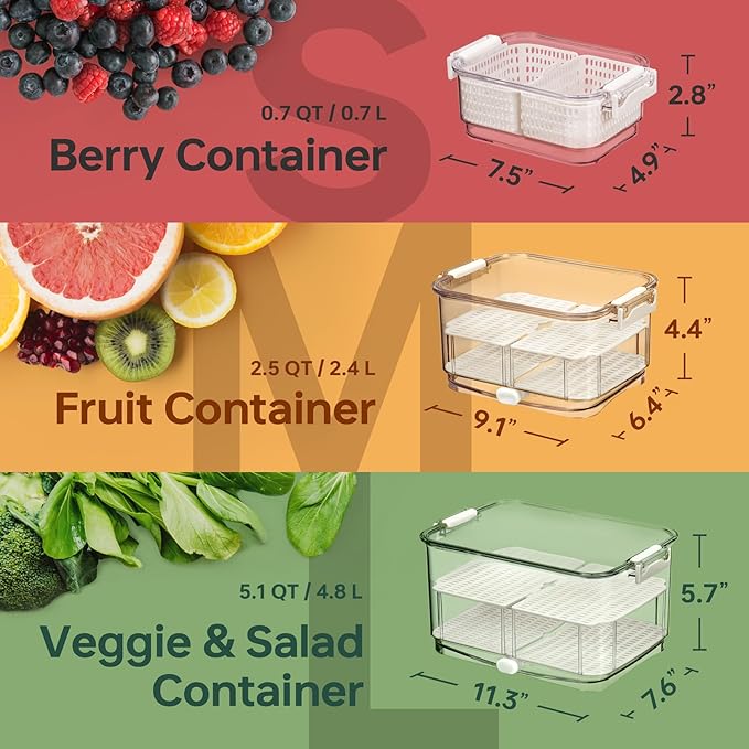 Felli Duo Fresh Produce Saver, ALL IN ONE Veggie Fruit Basket for Fridge with Vent & Drain, Colander Strainer Tray, Kitchen Refrigerator Washing Bin for Berry Vegetable Storage Container, Gifts
