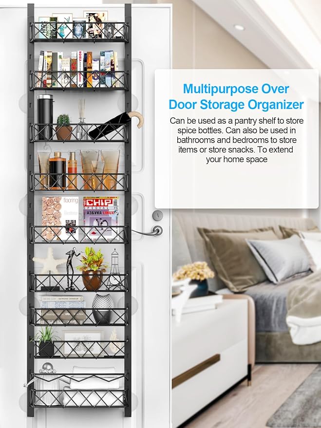 Over the Door Pantry Organizer, 9-Tier Pantry Door Organizer with Adjustable Basket, Metal Spice Rack Storage for Kitchen Pantry Black