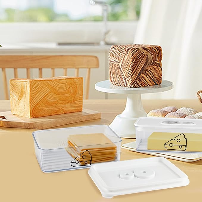 2 Pcs Cheese Container for Refrigerator,Cream Cheeses Storage Box,Cheese Keeper with Airtight Lid and Time Recording,BPA-Free Kitchen Storage Organizer Sliced,Grated,Cheddar Cheeses Saver