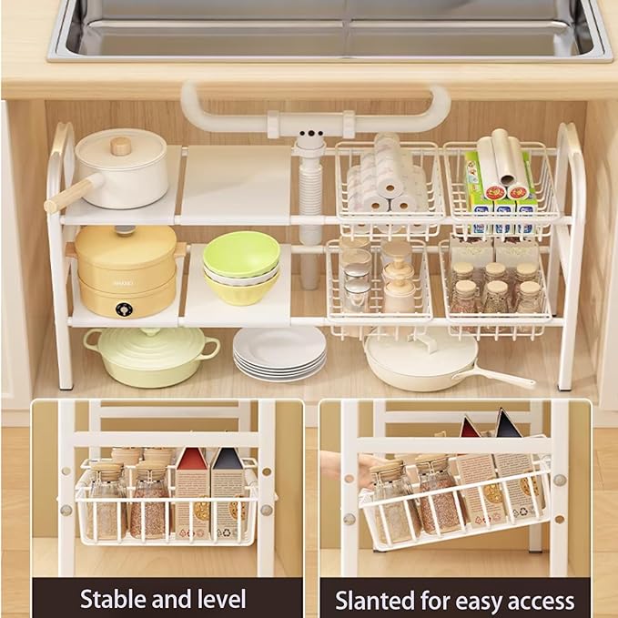 Under Sink Organizer,2 Tier Expandable Heavy Duty Metal Shelf,with 5 Removable Panels and 5 Storage Basket for Under Kitchen Bathroom Sink Organizers and Storage(White, Large)