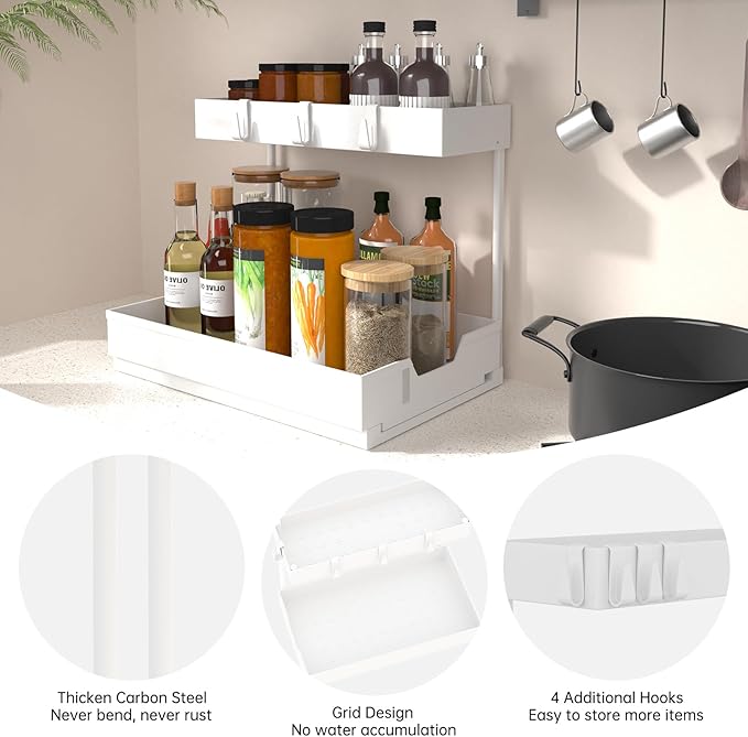 2 Tier Under Sink Organizer L-Shape Pull Out Cabinet Organizers Narrow Space Sink Shelf Storage Shelves Multi-purpose Organization Drawer for Bathroom Kitchen Pantry, 15.5 Inch, White