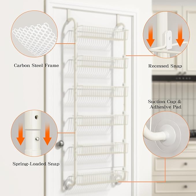 Over the Door Pantry Organizers and Storage, 6-Tier Spice Rack, Home & Kitchen Storage Shelves for Cabinet, Large Capacity Hanging Seasoning Organizer, Laundry Room Organization, White