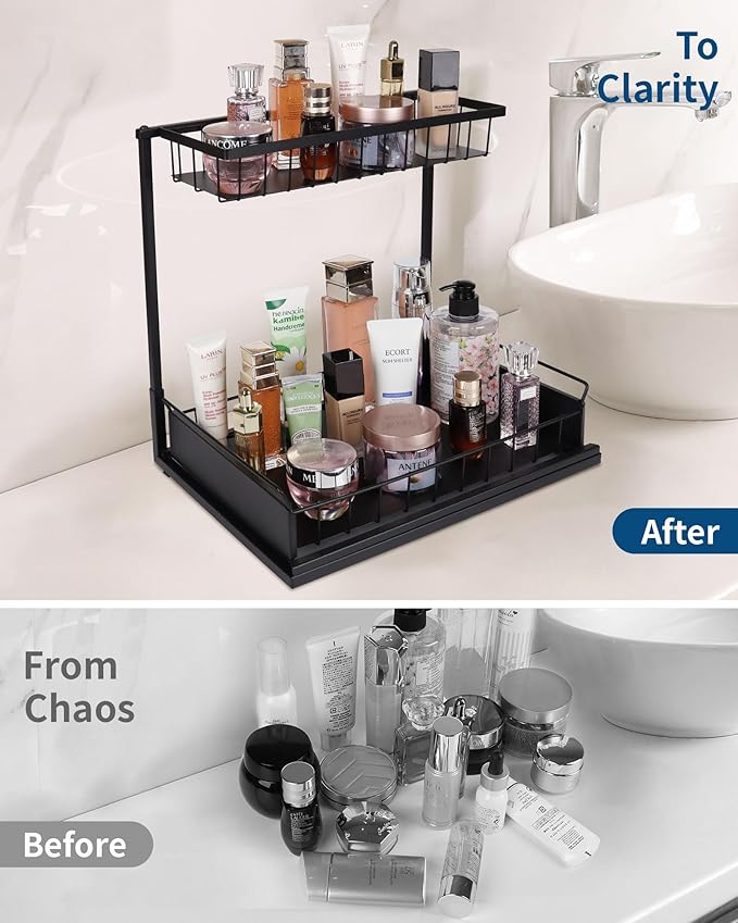 Under Sink Organizer,Metal Pull Out Kitchen Cabinet Organizer with Sliding Drawer,Sturdy Multi-Functional for Bathroom Organization,Black