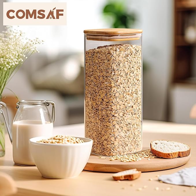 ComSaf 61oz Glass Storage Containers with Lids, Glass Jars with Lids, Clear Food Storage Jar, Square Glass Canister Set of 3, Pantry Organizers and Storage for Flour Rice Pasta Tea Coffee Bean