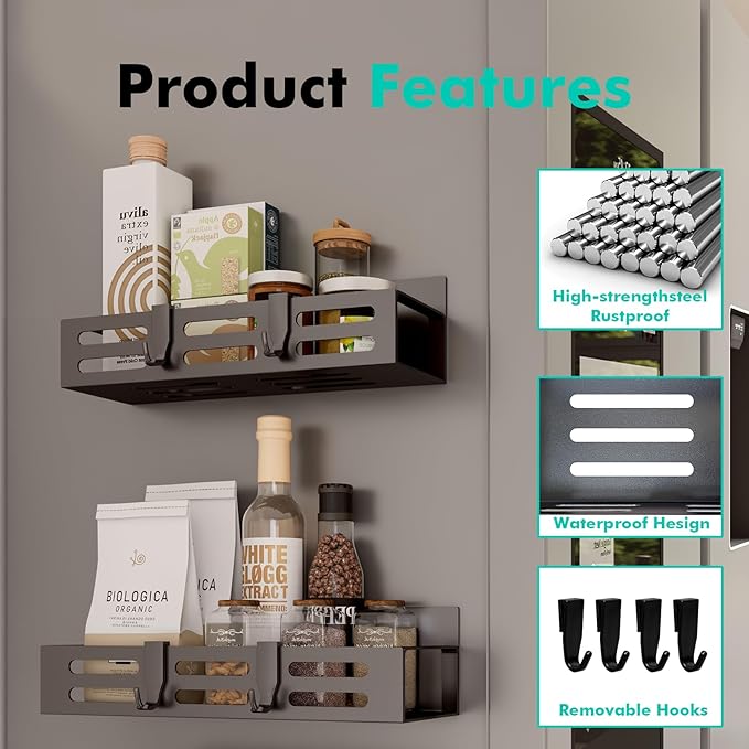 6 Pack Magnetic Spice Rack for Refrigerator Set, Black Magnetic Shelf and Fridge Kitchen Cabinet Organizers Storage Seasoning Organization Mini Shelves.