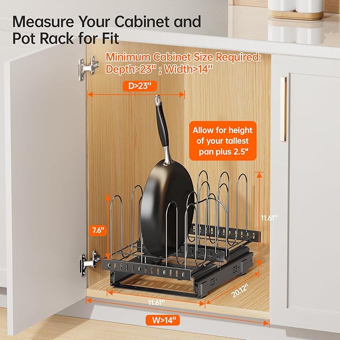 Pots and Pans Organizer for under Cabinet, Pull Out Pan Organizers inside Cabinet with Adjustable Dividers, Kitchen Cabinet Organizers and Storage for Cast-iron Pan, Cutting Board, Pot Lid