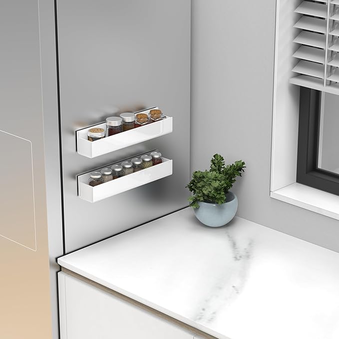 VAEHOLD 4PACK Adhesive Acrylic Spice Rack with Nano Double Sided Tape Wall Mount Organizer (White)