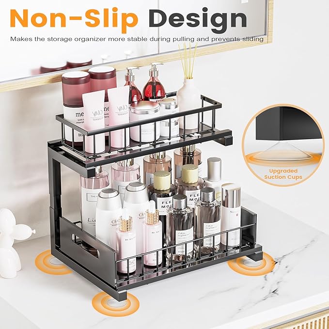 2 Pack Under Sink Organizer, 2-Tier Heavy Duty Metal Pull Out Cabinet Organizer Slide Out Sink Shelf Organizer Height Adustable, Multi-Purpose Storage Shelf for Kitchen Bathroom (Black, 2 Pack)