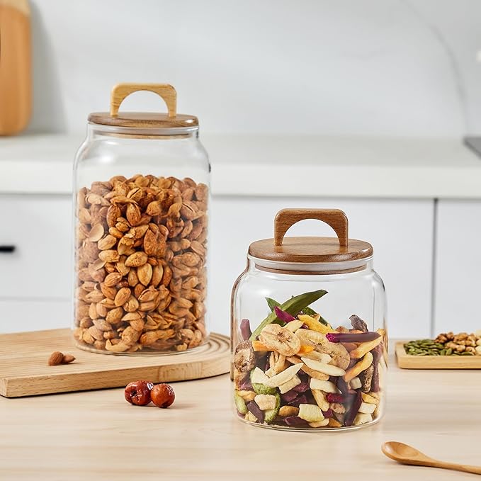 Sweejar Large Glass Candy Jars with Wooden Lids, 1 Gallon Glass Jar with Lid, Sugar/Flour Storage Containers, Big Glass Canisters with Airtight Lid, 2
