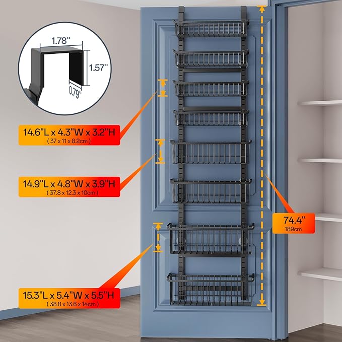 Over The Door Pantry Organizer, 8-Tier Over The Door Organizer with Adjustable Baskets, Metal Hanging Spice Rack for Pantry Organizers and Storage, Suitable for Kitchen Laundry Room & Bathroom, Black