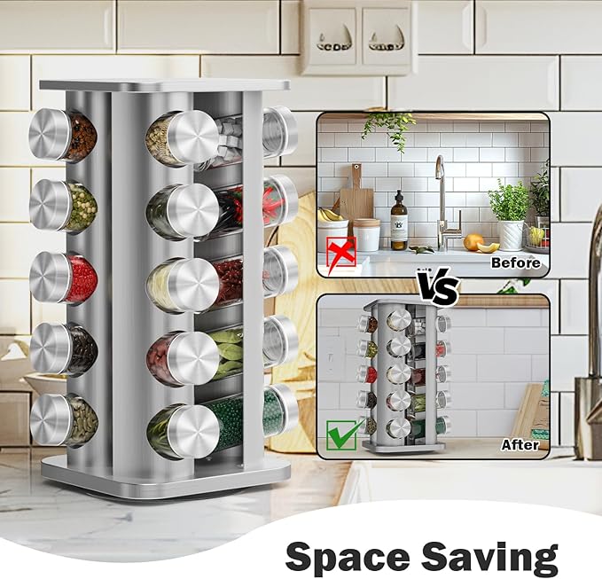 Rotating Spice Rack Organizer, Spice Tower for Countertop, Revolving Spice Rack Set for Cabinet, Silver Steel Kitchen Seasoning Organizer with 20 Jars and Funnel Square-round