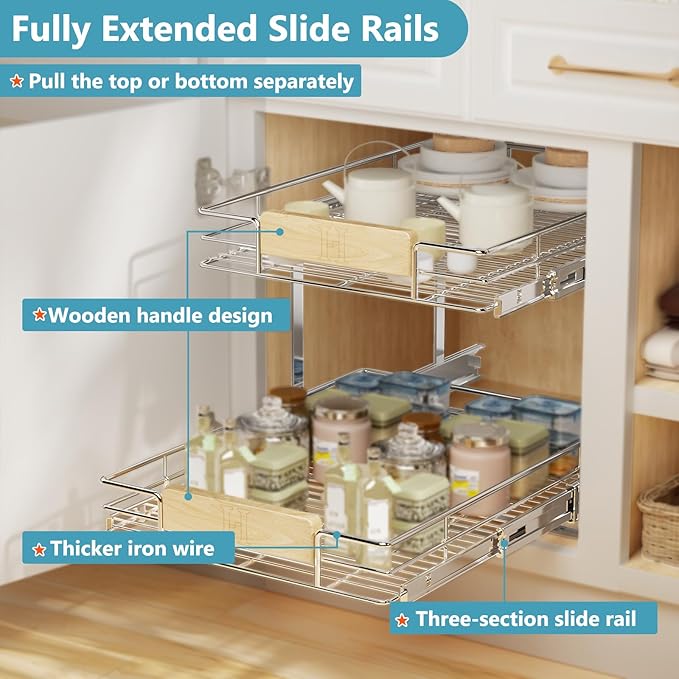 LOVMOR 2 Tier Pull Out Cabinet Organizer 22½" W x 21½" D, Slide Out Drawers with Wooden Handle, Sliding Shelves Organization and Storage for Kitchen, Pantry