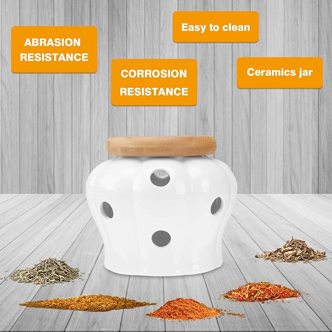 UPKOCH White Ceramic Garlic and Ginger Storage Container with Bamboo Lid, Ventilated Kitchen Canister, Ceramic Jar with Holes for Food Storage, 13x13x11cm