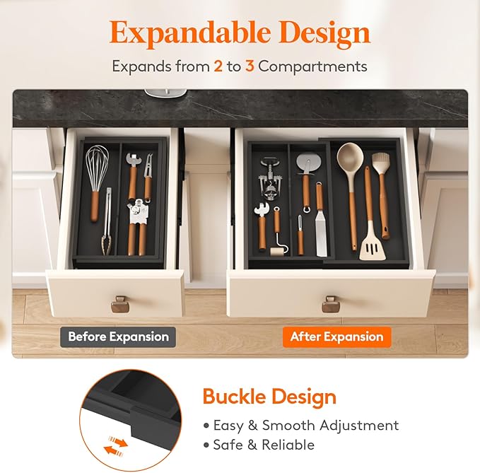 Lifewit Utensil Drawer Organizer, Expendable Cooking Silverware Tray for Kitchen Drawer, Bamboo Adjustable Cutlery Flatware Holder, Spatula Tools and Gadgets Storage Divider, 3 Compartments, Black
