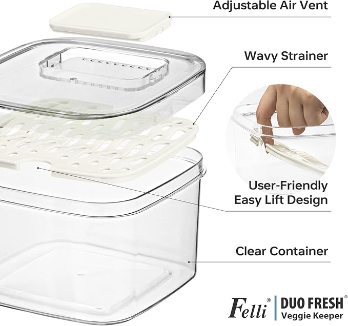 Felli Veggie Keeper Container for Fridge with Air Vent + Drain Tray, SPACIOUS Vegetable Fruit Bin for LONG LARGE Produce Lettuce Cabbage Celery Cucumber Storage for Refrigerator, Keep Fresh Long