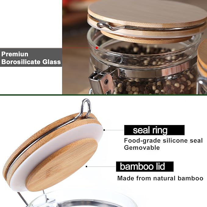 KKC HOME ACCENTS Airtight Borosilicate Glass Loose Leaf Tea & Coffee Beans Storage Jars with Bamboo Clamp Lid & Scoop - Glass Storage Canisters for Brown Sugar, Matcha, Pantry Organization - 27 Fl.Oz
