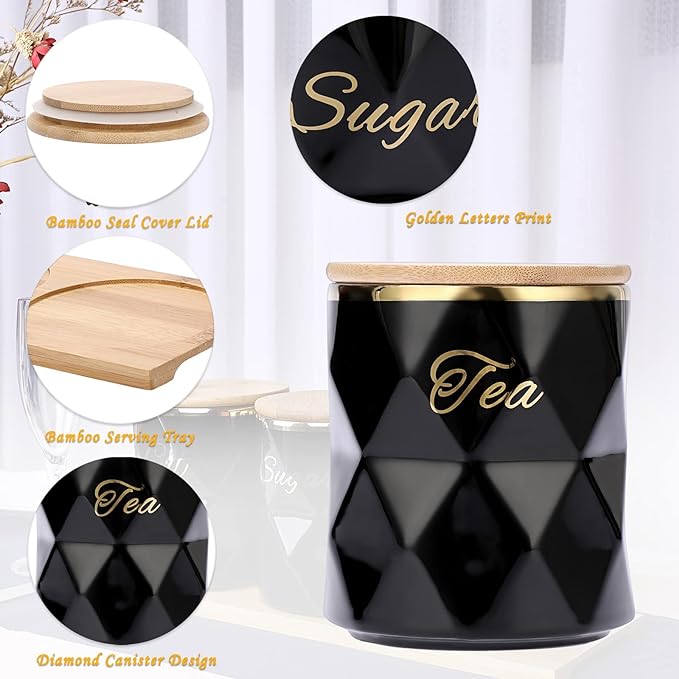JUXYES Ceramic Canisters Set for Sugar Coffee Tea, Luxurious Storage Containers Set with Lids Decorative Storage Pots Black Storage Jar for Kitchen Counter Dining Room
