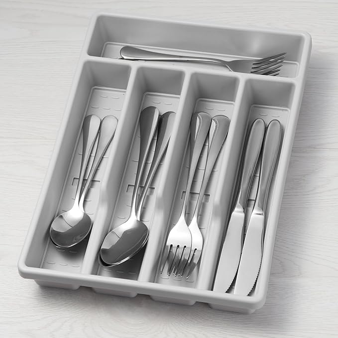 Silverware Organizer with Cutlery Icons,Silverware Tray for Kitchen Drawer,Plastic Flatware Tableware Cultery Drawer Organizer Utensil Organizer with Non-slip TPR Linings,5-Compartment,Grey