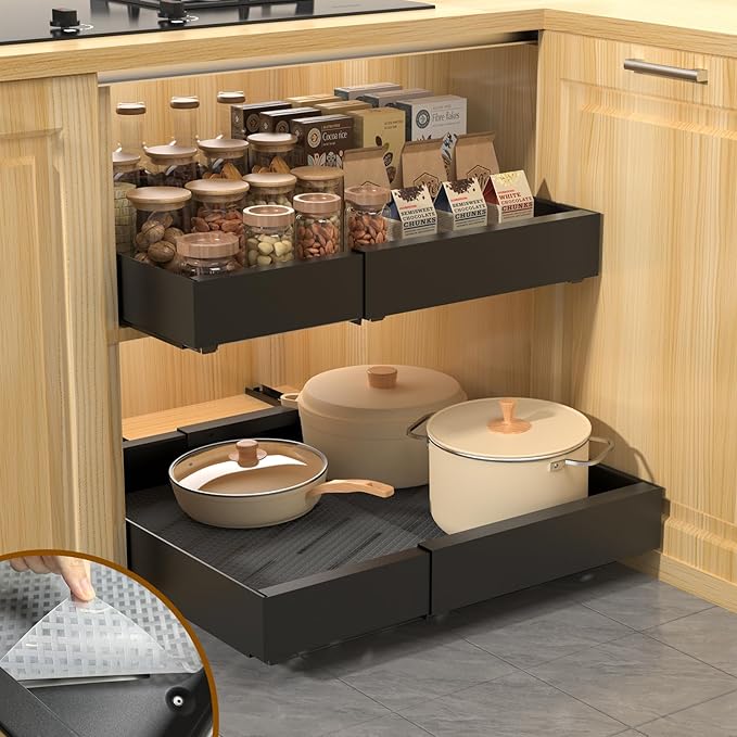 1 Pack 21" Deep Pull Out Drawers for Cabinets, Expandable Slide Out Drawers for Kitchen Cabinets, Pull Out Cabinet Organizer Roll Out Shelves for Pantry(Width 12.2"-19.7", Black)