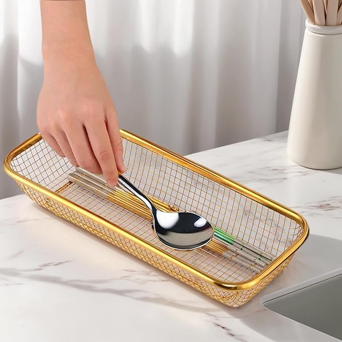4-Pack Gold Flatware Organizer - Sturdy Mesh Design, Dishwasher-Safe & Easy-Clean Utensil Holder, Silverware Container Drawer Storage