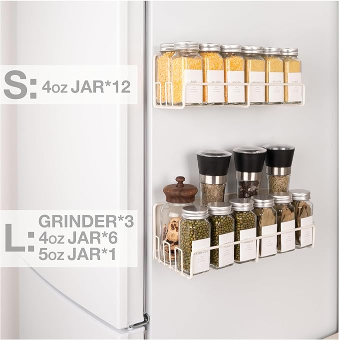 Strong Magnetic Spice Rack For Refrigerator with 20 Hooks, Space Saving Organizer, Durable Shelf for Oven - 4 Pack - Iron - Cloud Dancer